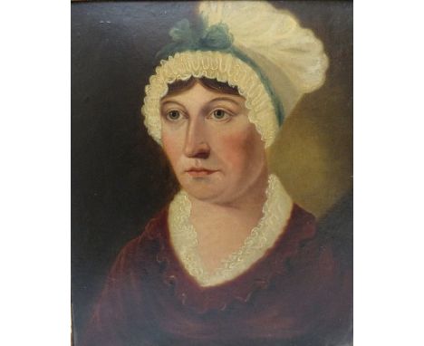 (XIX). Portrait study of a woman wearing a white bonnet, unsigned, oil on board, framed, 34 x 28 cm