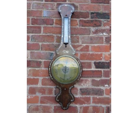 A LARGE LATE 19TH CENTURY ROSEWOOD BAROMETER WITH INLAID MOTHER OF PEARL DECORATION, H 102 cm