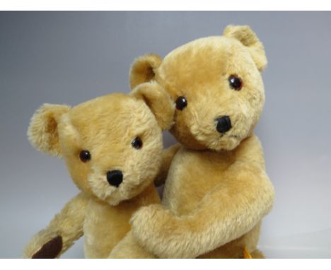 TWO VINTAGE DEANS GOLDEN MOHAIR TEDDY BEARS, both fully jointed, with glass eyes and stitched nose and mouth, the largest wit