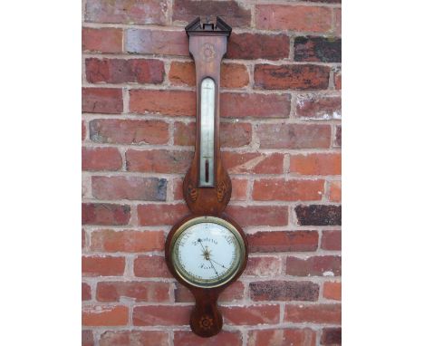 A LATE 19TH CENTURY INLAID BAROMETER, with painted detail to the dial, H 98 cm