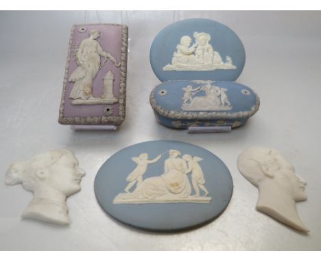 A SMALL SELECTION OF EARLY WEDGWOOD JASPERWARE TO INCLUDE TWO OVAL TURNER PLAQUES, one S/D. both W 9.5 cm, two small lidded p