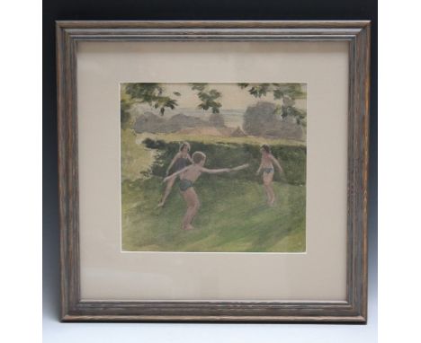 MAURICE FEILD (1905-1988). Rural wooded landscape with children playing, farmstead in background, unsigned, studio stamp vers