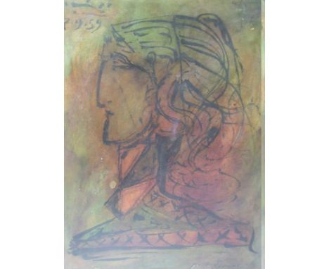 CIRCLE OF PABLO RUIZ PICASSO (1851-1973). Spanish school, modernist head and shoulder figure study, bears signature and date 