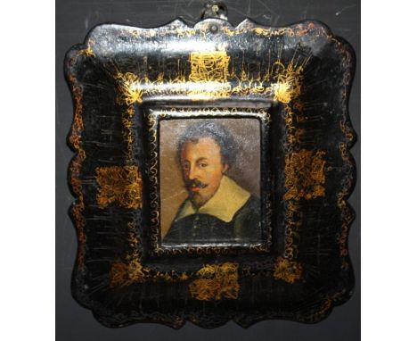 (XVII-XVIII). A portrait miniature study of a gentleman with moustache and beard, framed in a decorative papier mache frame, 