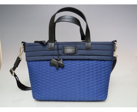 A NEW WITH TAGS LADIES RADLEY TEXTILE NAVY / SAPPHIRE BLUE HANDBAG, zip closure to top edge, internal zippered and storage po