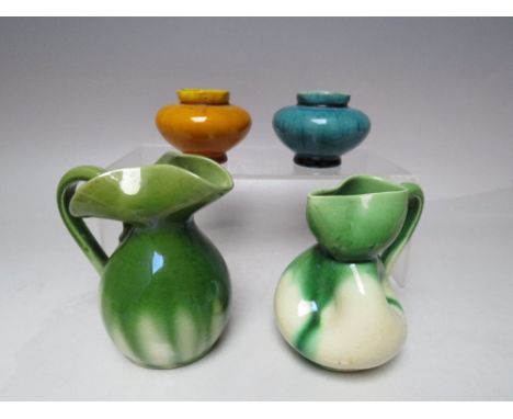 FOUR PIECES OF ART POTTERY, consisting of two Allervale type jugs and two linthorpe style vases, H 6 cm (4)