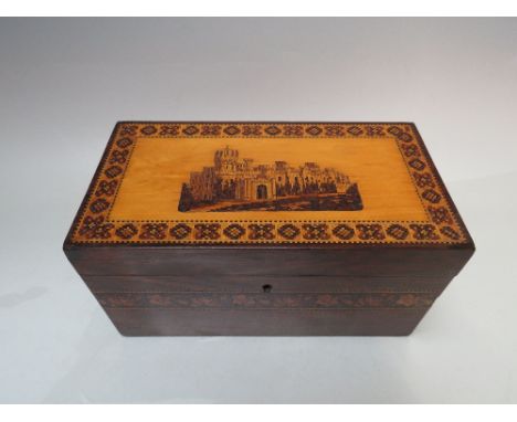 A TUNBRIDGEWARE TEA CADDY, W 21.5 cm