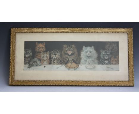 AFTER LOUIS WAIN (1860 - 1939). A vintage study of ten cats at a dining table saying grace, signed in plate lower right, colo