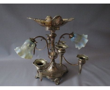 AN EDWARDIAN SILVER PLATED SIX BRANCH EPERGNE TABLE CENTRE / LAMP, the two light fittings with vaseline glass shades, the epe