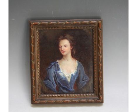 (XIX). Half length portrait study of a young woman in a blue dress, unsigned, watercolour and gouache on paper laid on panel,