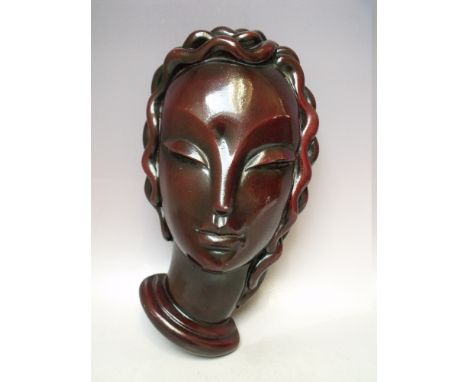 AN ART DECO STONEWARE WALL PLAQUE MODELLED AS THE HEAD OF A LADY, in the style of Goldscheider, initialled to bottom edge, H 