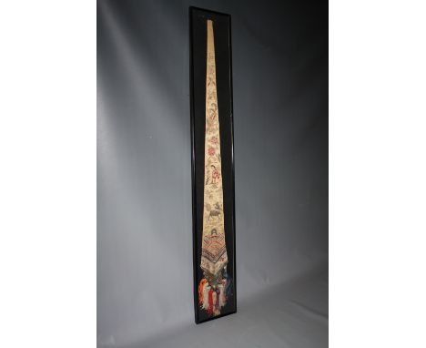 A FRAMED AND GLAZED 19TH CENTURY CHINESE SILK EMBROIDERED PANEL / ROBE SASH, overall H 112 cm, W19 cm