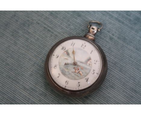 A HALLMARKED SILVER PAIR CASED POCKET WATCH WITH ENAMEL HUNTING SCENE DIAL - LONDON 1824, Dia 5.5 cm