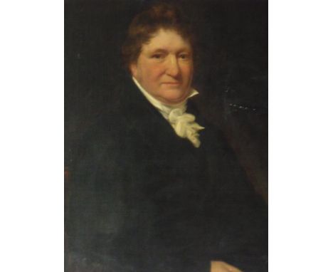 CIRCLE OF SIR HENRY RAEBURN (1756-1823). Portrait study of a gentleman with white stock and black jacket, oil on canvas, unsi