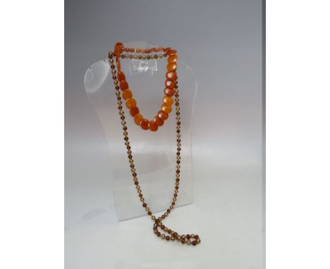 AN UNUSUAL AMBER BEAD AND LUCITE STYLE VINTAGE NECKLACE, the circular lucite style discs approx Dia. 1.5 cm, terminating with