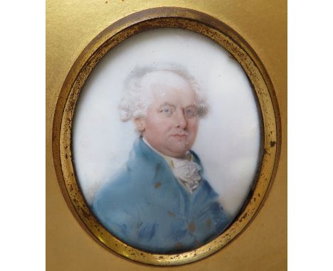 (XIX). Oval portrait miniature of ivory of Major G.W.Shewell in a light blue jacket, unsigned, framed and glazed, 5.5 x 4.5 c