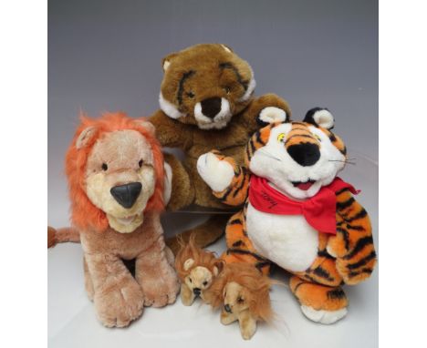 A VINTAGE MERRYTHOUGHT TIGER HAND PUPPET, together with three other vintage lion bears and a Kellogs 'Tony the Tiger' (5)