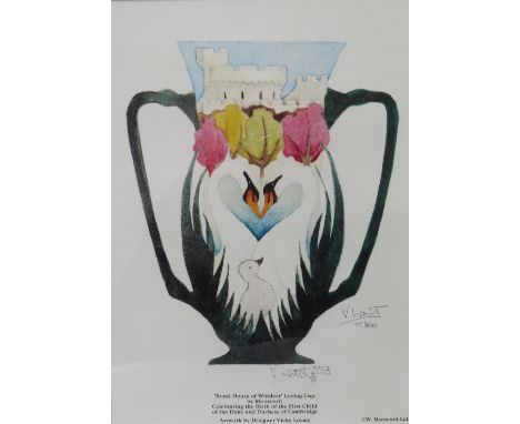 A FRAMED AND GLAZED MOORCROFT LIMITED EDITION PRINT, 'Royal House of Windsor' Loving Cup designed by Vicky Lovatt, number 75 