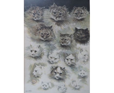 LOUIS WAIN (1860-1939). A coloured antique print 'Sketches of The Cat Show at The Crystal Palace', signed in plate, framed an