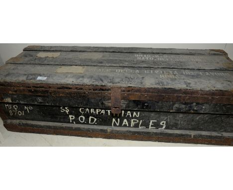 Wooden constructed military trunk with various written insignia including SS Carpathian P.O.D. Naples Nato Defence College et