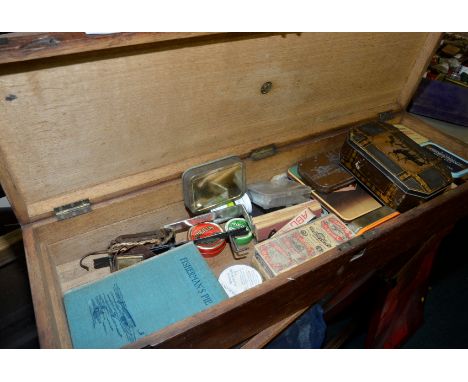 19th C oak gun case with brass mounts containing a large selection of fishing accessories including Fisherman's Pie book, var
