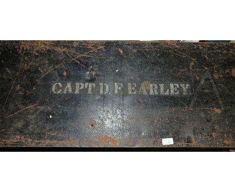 Black metal military style trunk with painted detail Capt. D. F. Earley