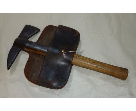 1954 military style hand axe stamped Perks with crow's foot with leather sheath and hanger