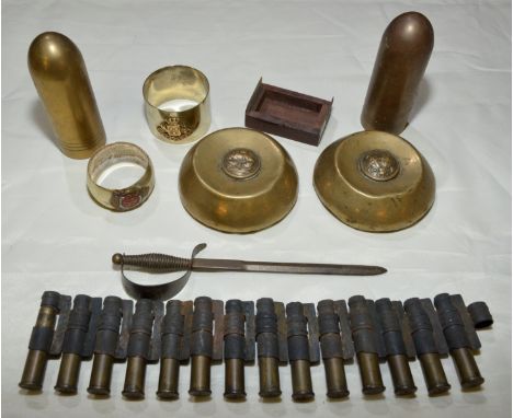 Small selection of inert ammunition, regimental napkin rings, pair of Victorian regimental brass paper weights etc  