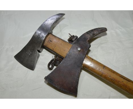 Military issue hand axe, the steel head stamped SPRPN with leather sheath and belt hanger