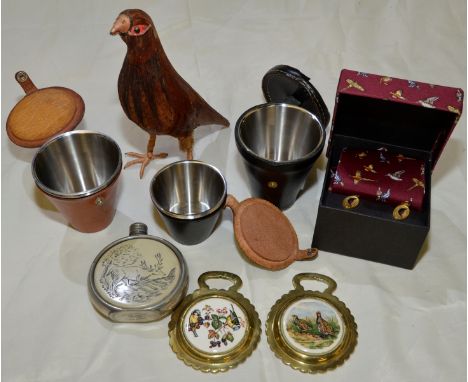 Selection of country items including a pheasant scarf, cased silver plated travel cups, hip flask etc 