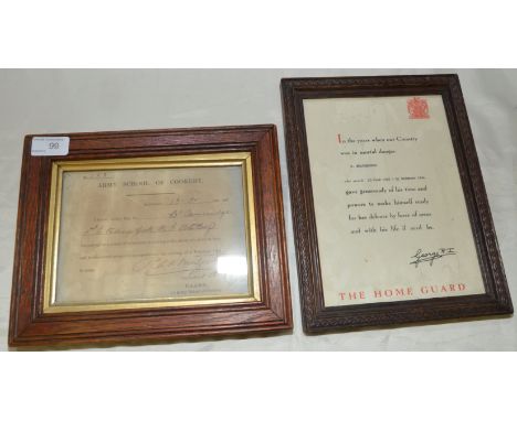 Oak framed certificate for the Army School of Cookery dated 1904 relating to the 1st East Riding of York Regiment Royal Field