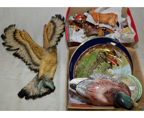 Selection of various hunting and country style decorative figures including Goebel 1970s figure of a pheasant, collectors pla