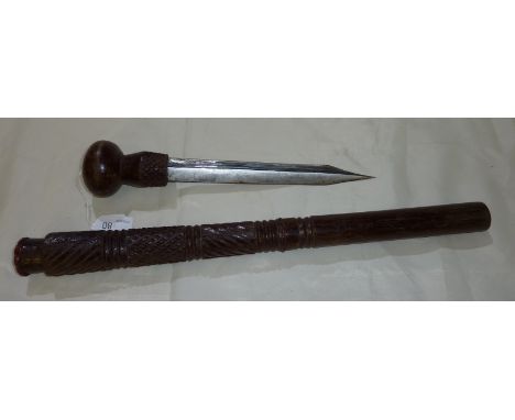 Carved wood Indian swagger stick with concealed dagger