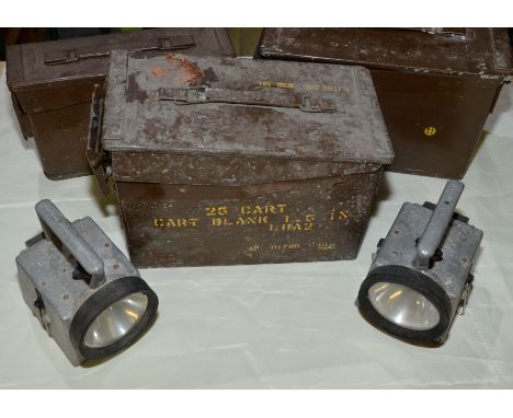 Selection of British issue metal ammunition boxes and two hand lamps 
