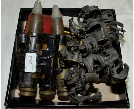 Three rounds of inert 13mm link ammunition, selection of various discarded link, large quantity of 9mm casing and inert .38 s