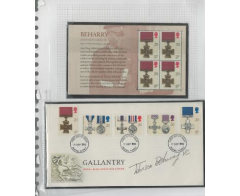 Victoria Cross winner Johnson Beharry VC signed 1990 Gallantry FDC. Set with mint Beharry VC miniature stamp sheet on A4 Page