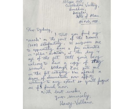 Aviation Pioneer Henry Vallance hand written letter regarding DH89 1988. With Biography page. The 22-yr-old, debonair Henry V