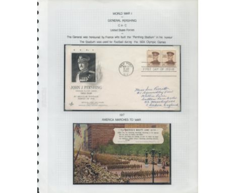 Great War 1917 Americas Mighty Army vintage colour postcard plus 1961 US Gen John Pershing FDC, New York CDS postmark. Set on
