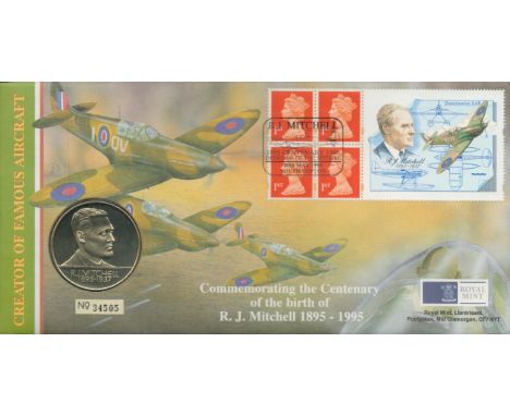 Spitfire R J Mitchell Royal Mint Coin cover PNC with Mitchell 1st class stamp booklet and special Centenary postmark. Good co