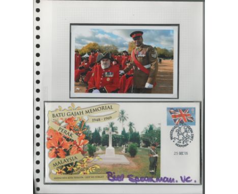 Korean War Victoria Cross winner Bill Speakman VC signed 2005 Military Far East cover. Set on A4 Page with picture of him wit