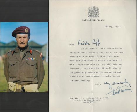 WW2 Father of Airborne Forces Gen Frederick Browning signed typed letter and colour photo. Buckingham Palace letterhead lette