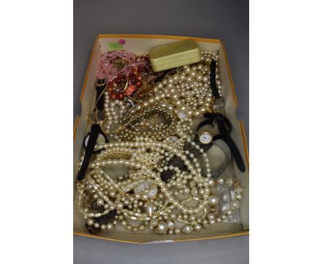 A selection of costume jewellery including watches, simulated pearl necklaces, etc