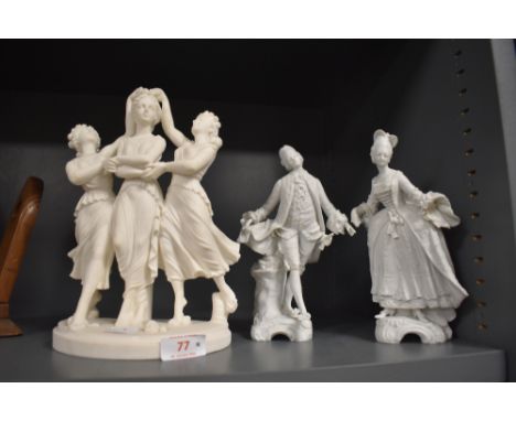 A pair of bisque figures in Georgian costume (AF) and a similar ceramic figure base
Two single figures having damage
Three fi