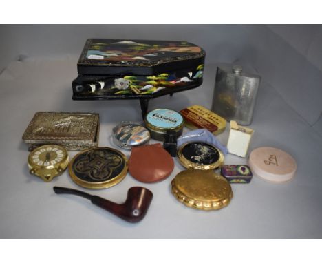 A selection of misc vintage items including a lacquered piano jewellery box, Minuette musical compact, souvenir calender, per