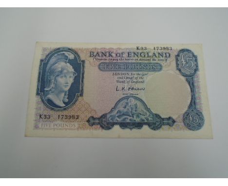 &pound;5 Bank of England note K33 173983 cashier L K O'Brien (crisp)
