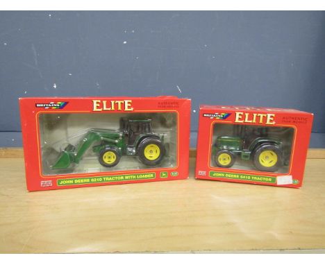 Boxed Britains Elite 1:32 scale die-cast John Deere 6410 tractor and John Deere 6210 tractor with loader. Model No's 00175 an