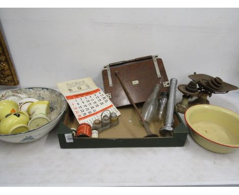 vintage scales, tin bowl, china, wooden press etc etc