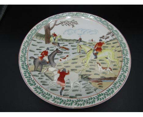 A fine hunting charger with raised applied enamel 12"D possible studio pottery by John Singleman?