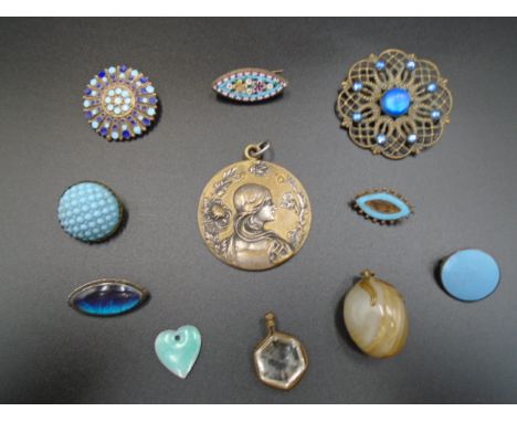 A collection of blue enamel brooches etc... one micro mosaic brooch (clasp missing on back) Plus four vintage pendants one Fr