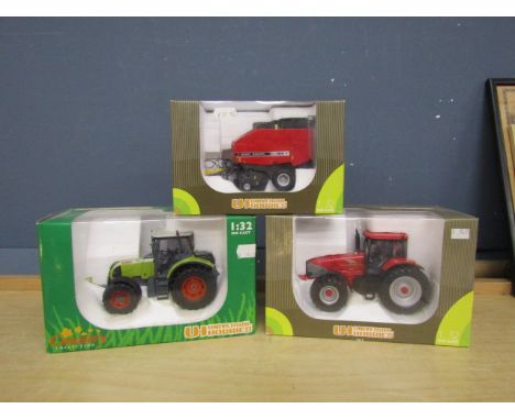 Boxed Universal Hobbies 1:32 scale diecast Claas tractor, McCormack tractor and Massey Ferguson 169 V Tractor Baler&nbsp;